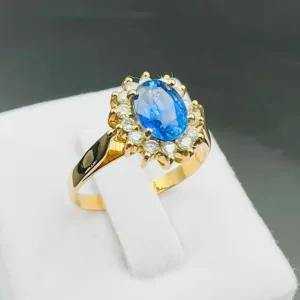 Handmade 18ct Yellow Gold Blue Sapphire with Diamond Ring